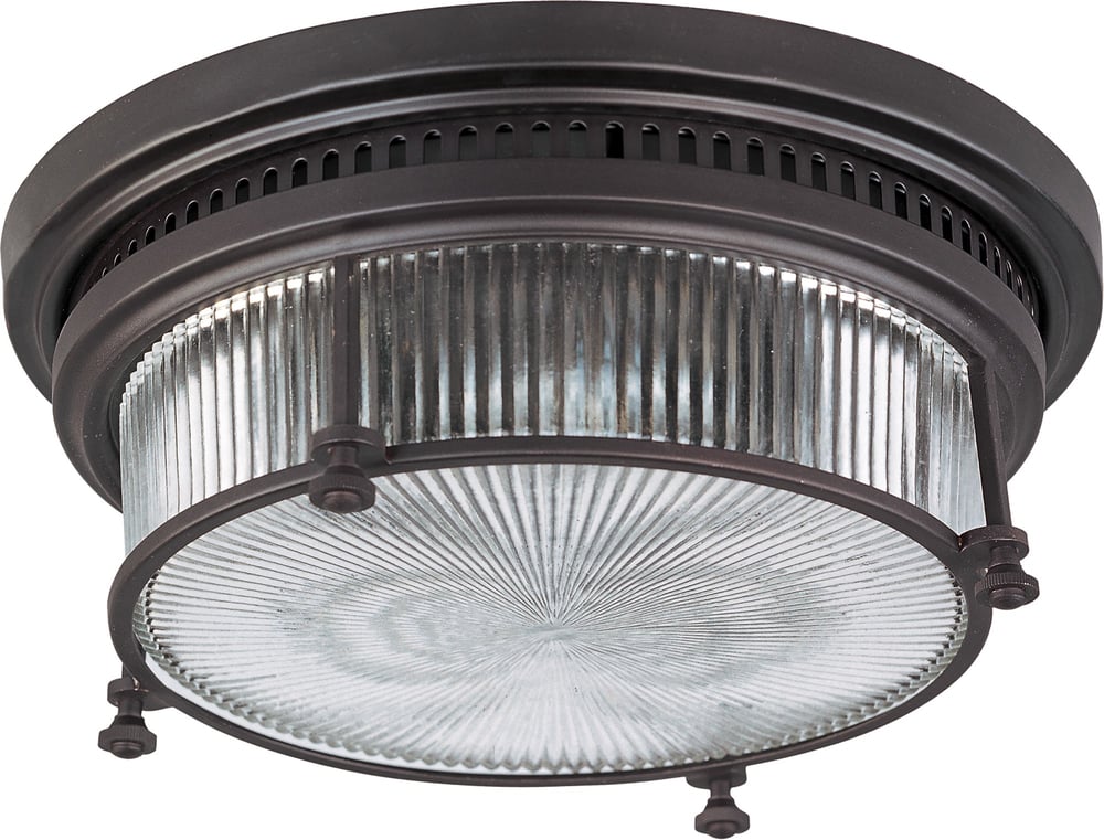 Maxim Lighting Hi-Bay Ceiling Flush Mount with a bronze finish, featuring a steel frame and glass shade, installed on a ceiling.