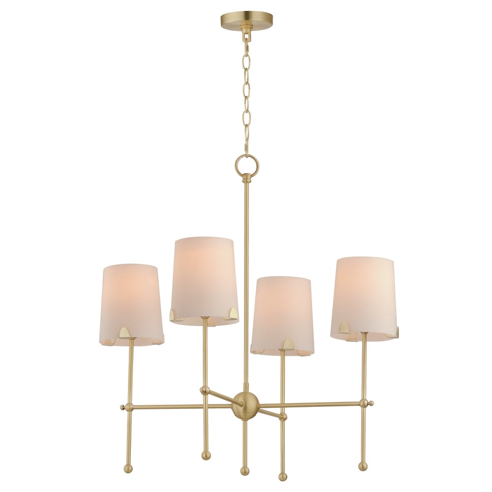 Maxim Lighting Huntington Chandelier in Satin Brass finish, featuring a steel frame with glass accents, elegantly hanging in a modern interior setting.