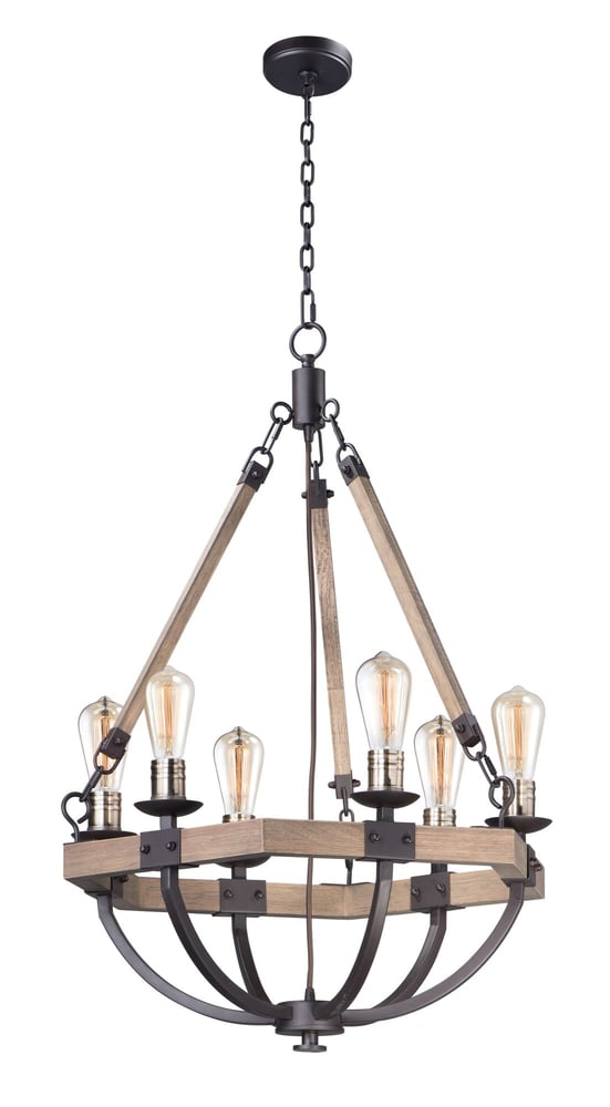 Maxim Lighting Lodge Chandelier in Weathered Oak with Bronze finish, featuring a rustic wood and steel design with multiple candle-style lights.