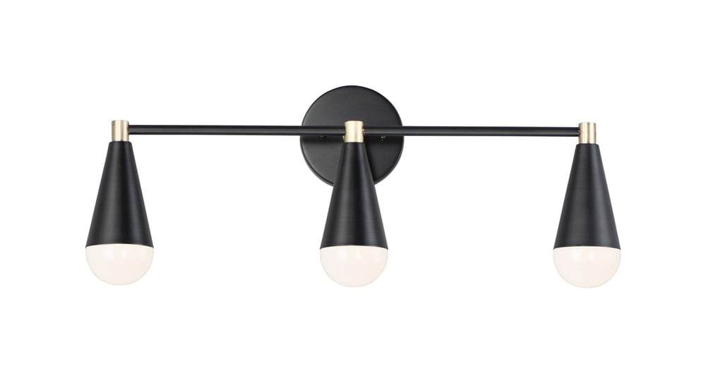 Maxim Lighting Lovell 3-Light Bath Vanity in Black with Satin Brass finish, featuring a sleek steel design with three elegant lights.