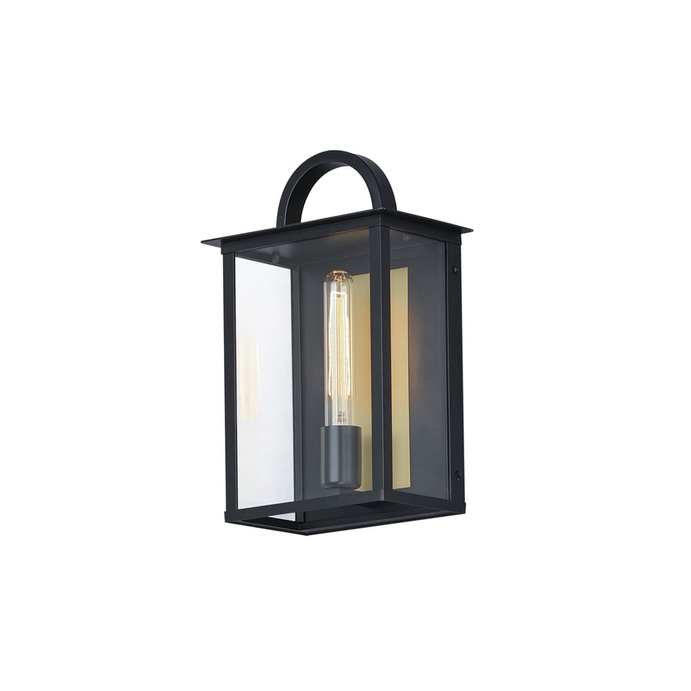 Maxim Lighting Manchester Outdoor Wall Sconce in Black Aluminum finish, featuring a classic lantern design with clear glass panels for outdoor illumination.