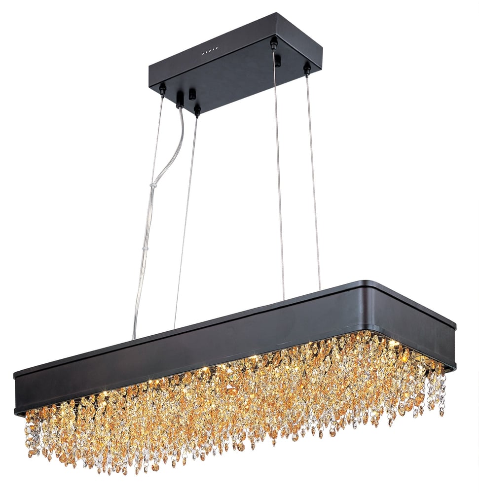 Maxim Lighting Mystic Linear Pendant in Bronze finish, featuring a sleek steel frame with cascading crystal accents, elegantly illuminating the space.