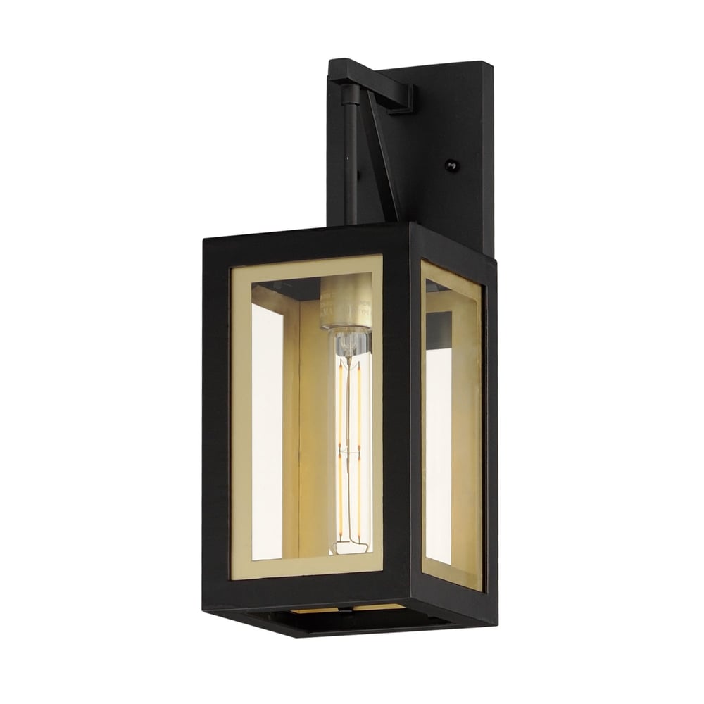 Maxim Lighting Neoclass Outdoor Wall Sconce in Black with Gold finish, crafted from Aluminum, elegantly illuminates an exterior wall.