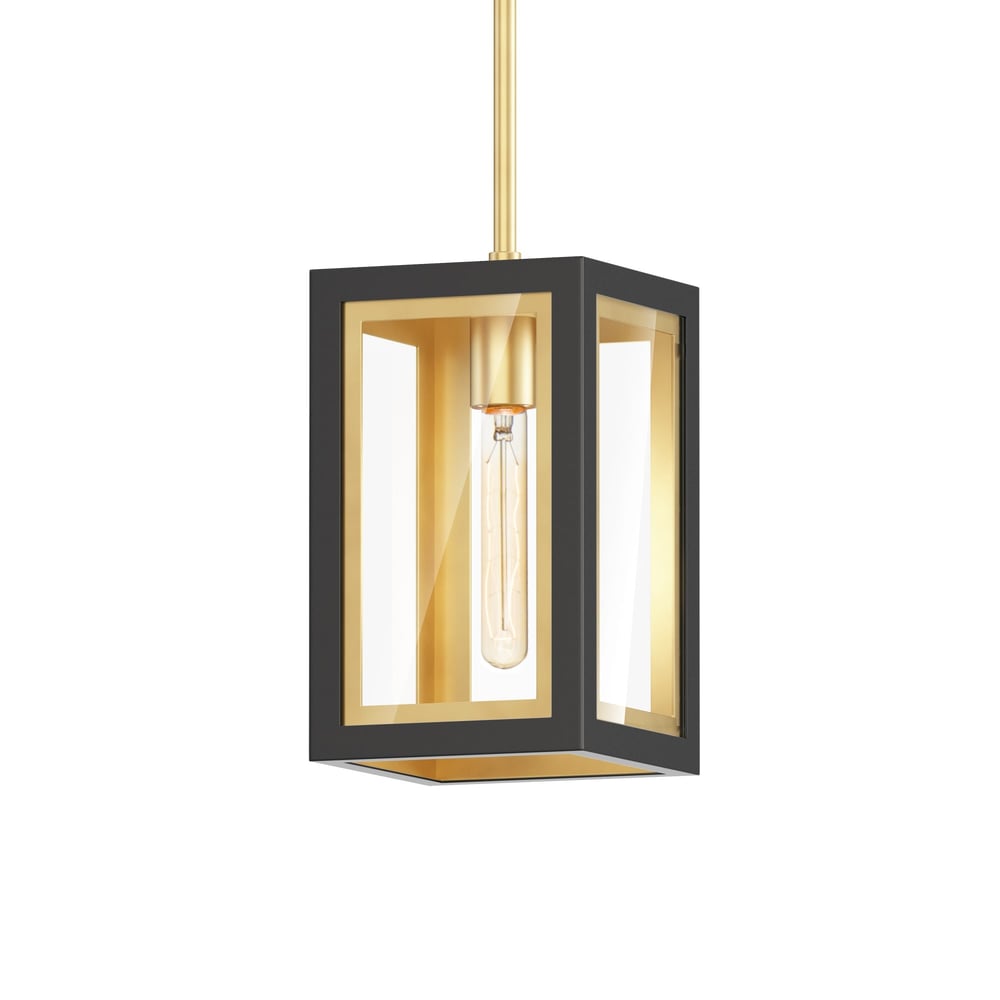 Maxim Lighting Neoclass Outdoor Pendant in Black with Gold finish, featuring an elegant aluminum frame and clear glass panels, hanging against a neutral background.