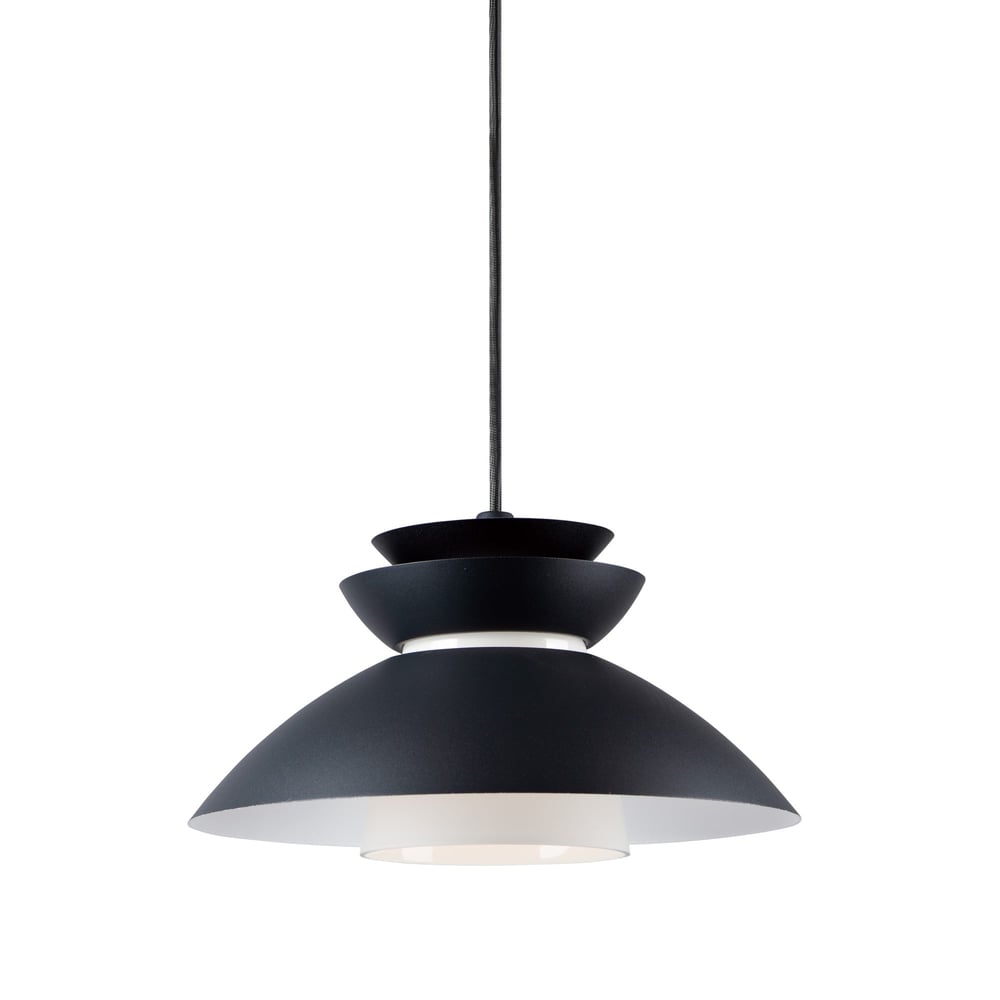 Maxim Lighting Nordic 1-Light Pendant featuring a sleek black aluminum finish, hanging elegantly with a modern design in a well-lit room.