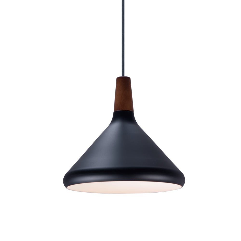 Maxim Lighting Nordic Cone Pendant in Walnut with Black finish, featuring an Aluminum structure, hanging elegantly against a neutral background.