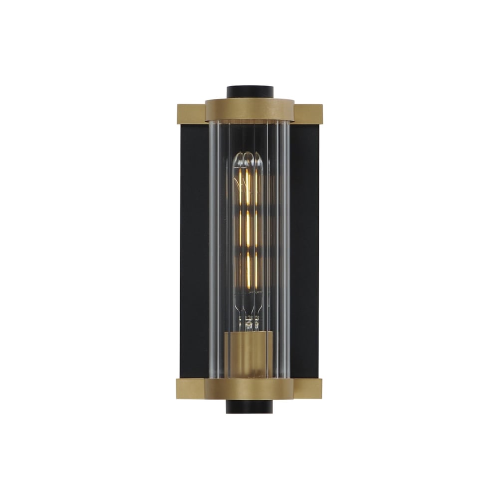 Maxim Lighting Opulent Outdoor Wall Sconce in Black with Antique Brass finish, crafted from Aluminum, elegantly illuminates a patio area.