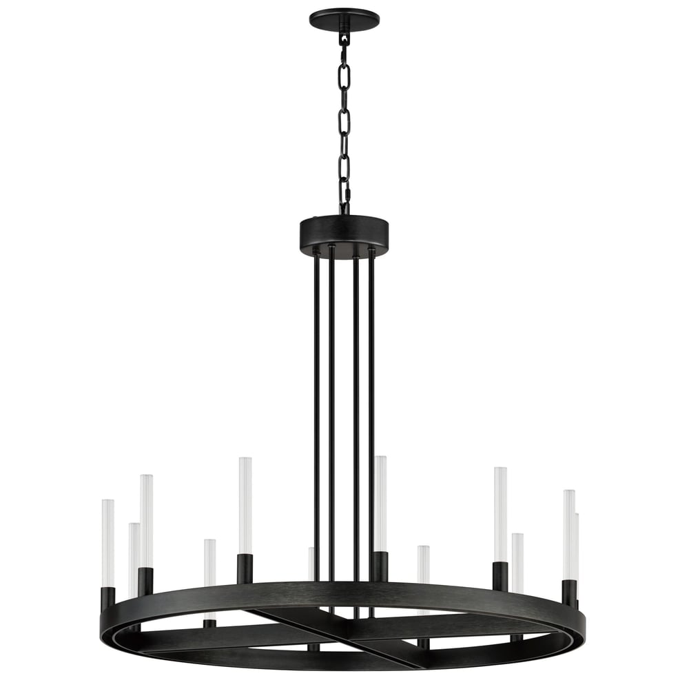 Maxim Lighting Ovation Chandelier with a sleek Black finish and Aluminum construction, featuring elegant curved arms and modern bulb design.