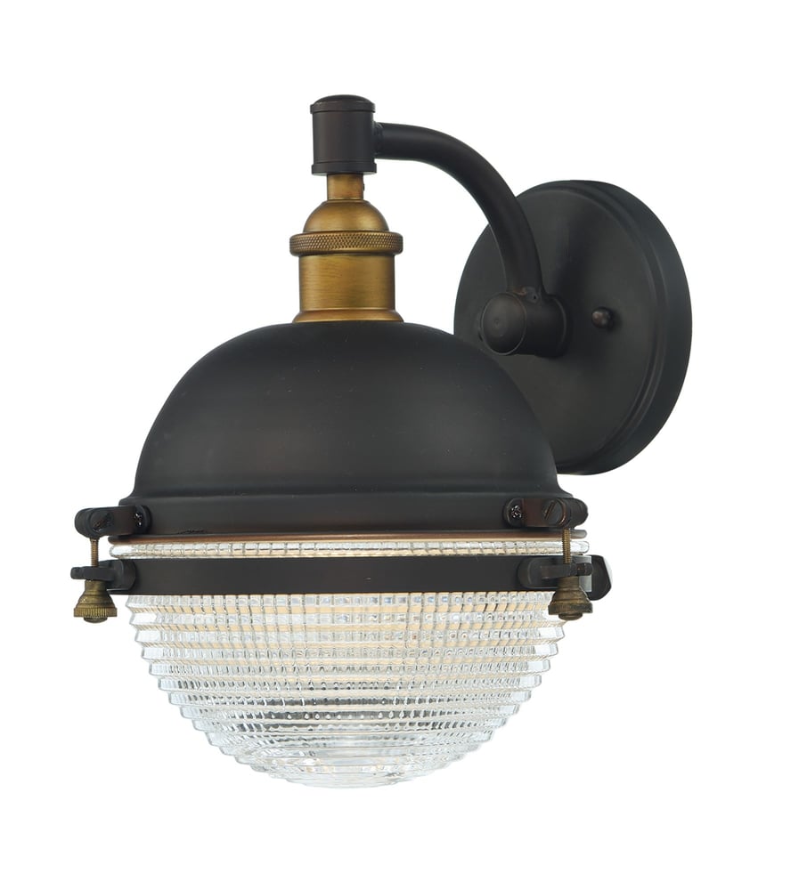 Maxim Lighting Portside Outdoor Wall Light in Oil Rubbed Bronze with Brass finish, made of Aluminum, mounted on a wall, illuminating the exterior.
