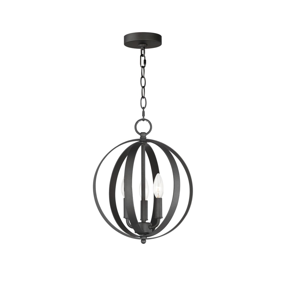 Maxim Lighting Provident Orb Chandelier in Black Steel finish, featuring a spherical design with multiple intersecting rings and exposed bulbs.