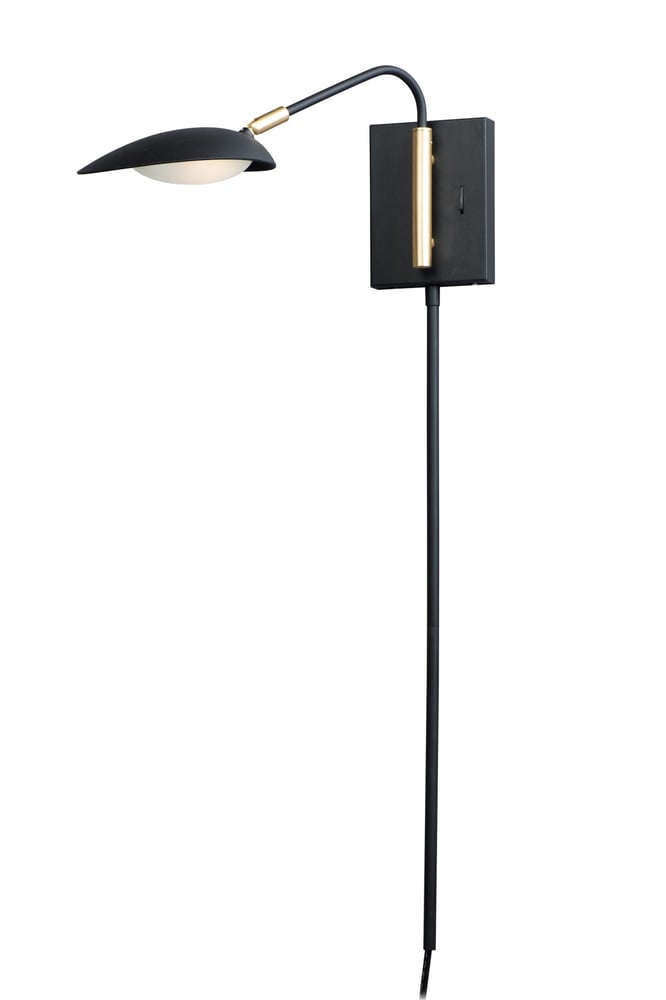 Maxim Lighting Scan Pin-up Wall Light in Black with Satin Brass finish, featuring an adjustable aluminum arm and sleek modern design.
