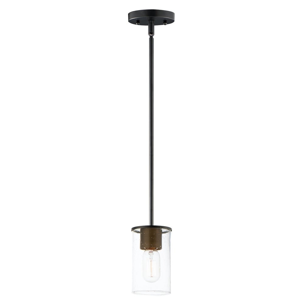 Maxim Lighting Sleek Pendant in Antique Brass with Black finish, featuring a Steel and Glass design, elegantly hanging from a ceiling.