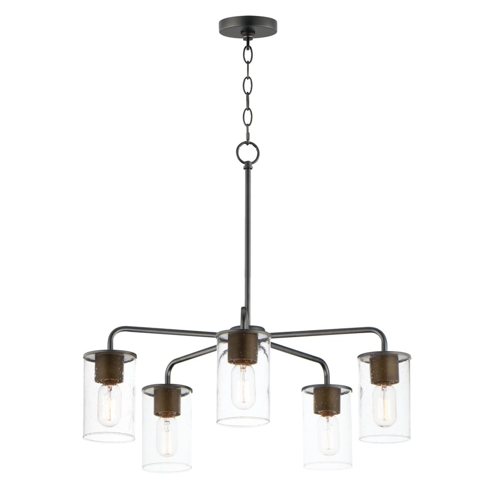 Sleek Chandelier by Maxim Lighting in Antique Brass with Black finish, featuring a modern design with steel and glass elements.