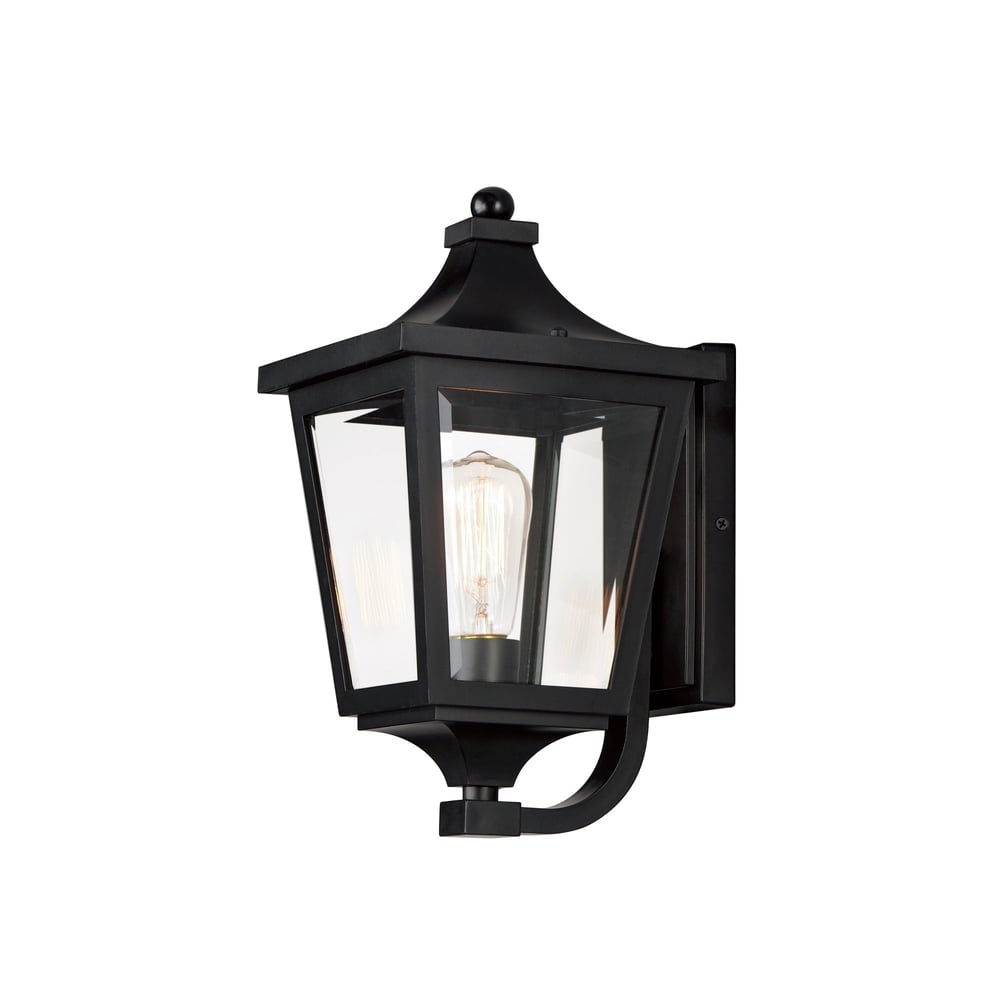 Maxim Lighting Sutton Place VX Outdoor Wall Sconce in Black finish, featuring a sleek Steel frame with clear Glass panels, mounted on an exterior wall.