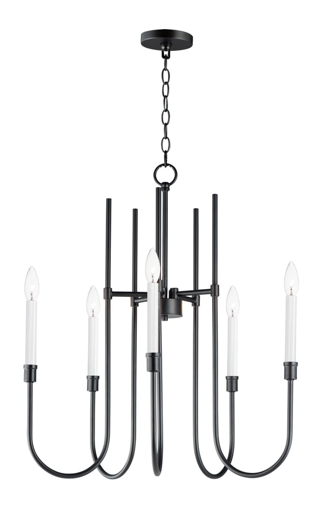 Maxim Lighting Tux Chandelier in Black Steel finish, featuring a sleek, modern design with multiple arms and exposed bulbs for an elegant touch.