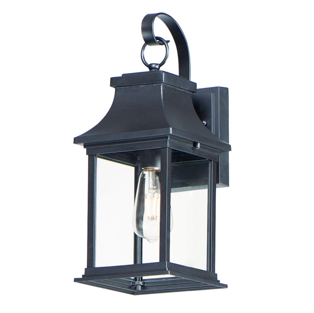Maxim Lighting Vicksburg Outdoor Wall Light in Black Aluminum finish, featuring a classic lantern design with clear glass panels and decorative top finial.