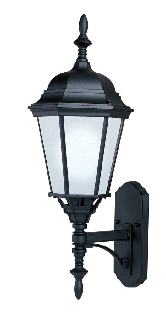 Maxim Lighting Westlake LED 1-Light Outdoor Wall Lantern in black aluminum finish, mounted on a brick wall, illuminating the area.