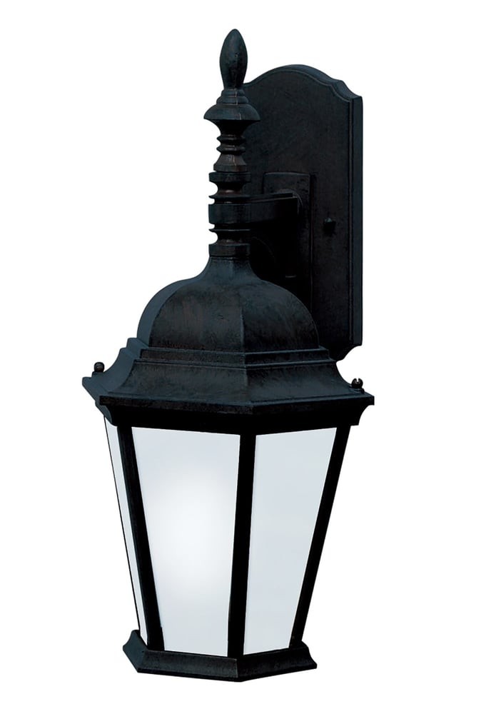 Maxim Lighting Westlake 65104 LED E26 Outdoor Wall Light in Black finish, featuring a classic lantern design with clear glass panels and aluminum construction.