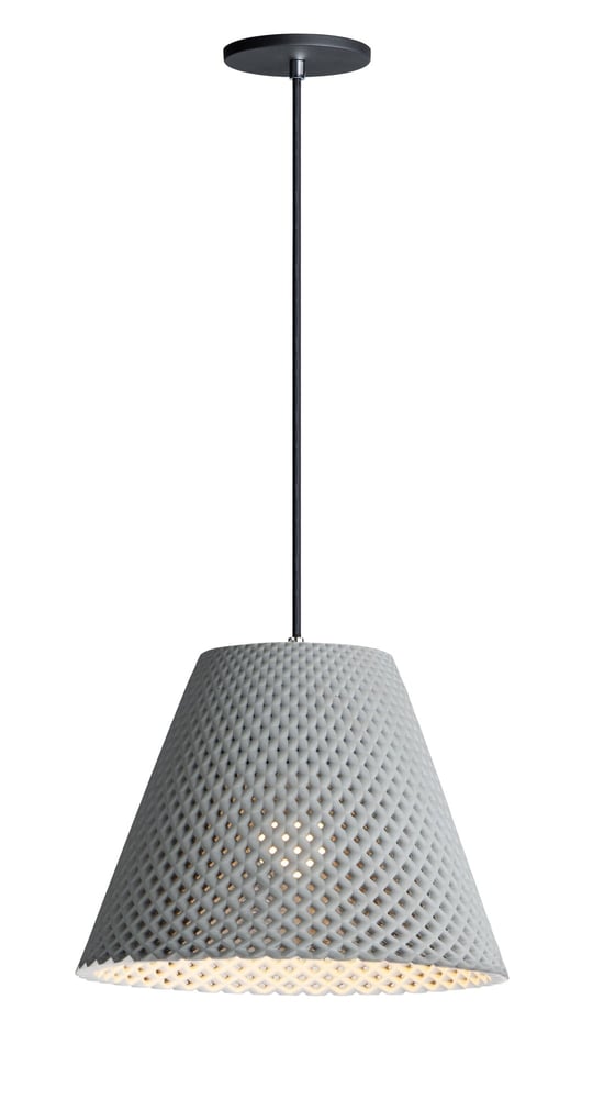Maxim Lighting Woven Pendant in a gray with black finish, featuring a concrete material and intricate woven design, hanging from the ceiling.