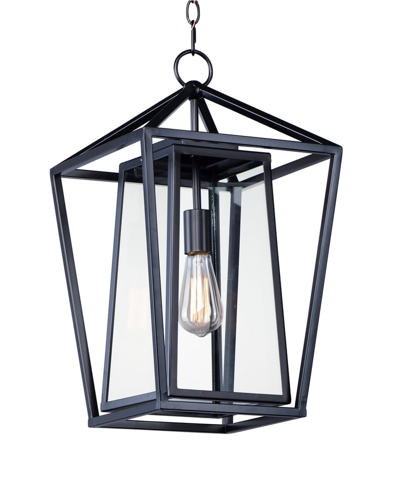 Maxim Lighting Artisan Outdoor Framed Pendant with a sleek black finish, showcasing a modern design with clear glass panels for outdoor illumination.