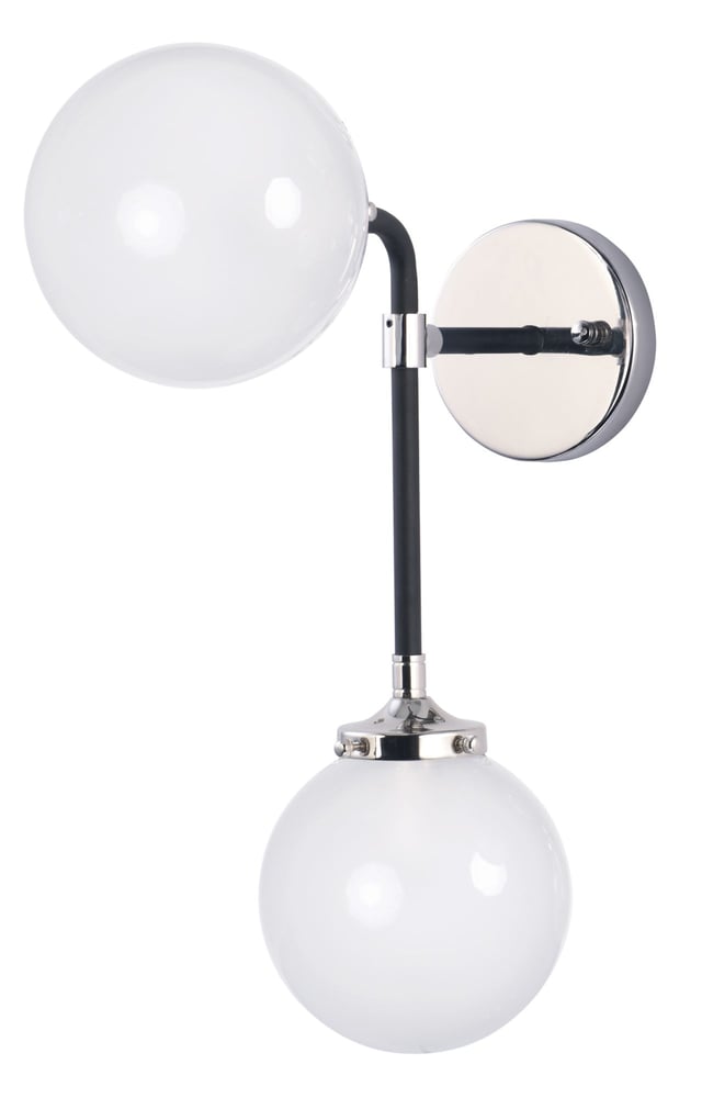 Maxim Lighting Atom Wall Light with a sleek, modern design, featuring a metallic finish and spherical glass shades, mounted on a minimalist wall bracket.