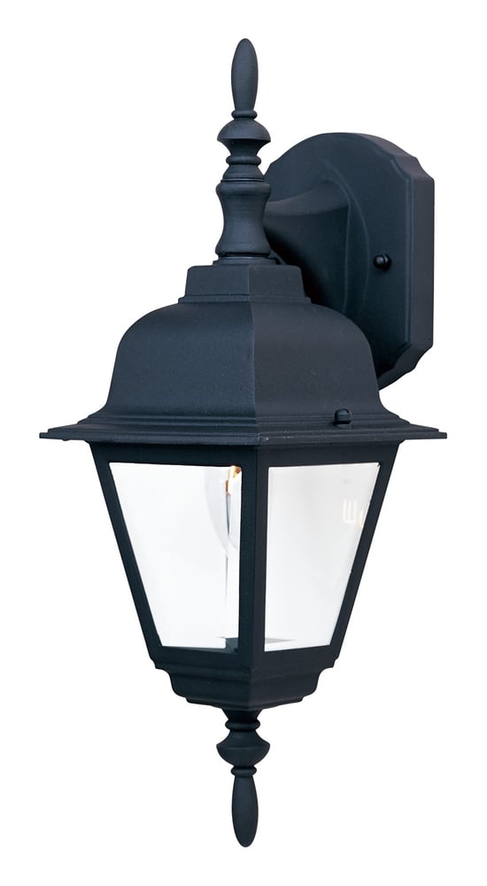 Maxim Lighting Builder Cast 1-Light Outdoor Wall Lantern with a black finish, featuring a classic design and clear glass panels for outdoor illumination.