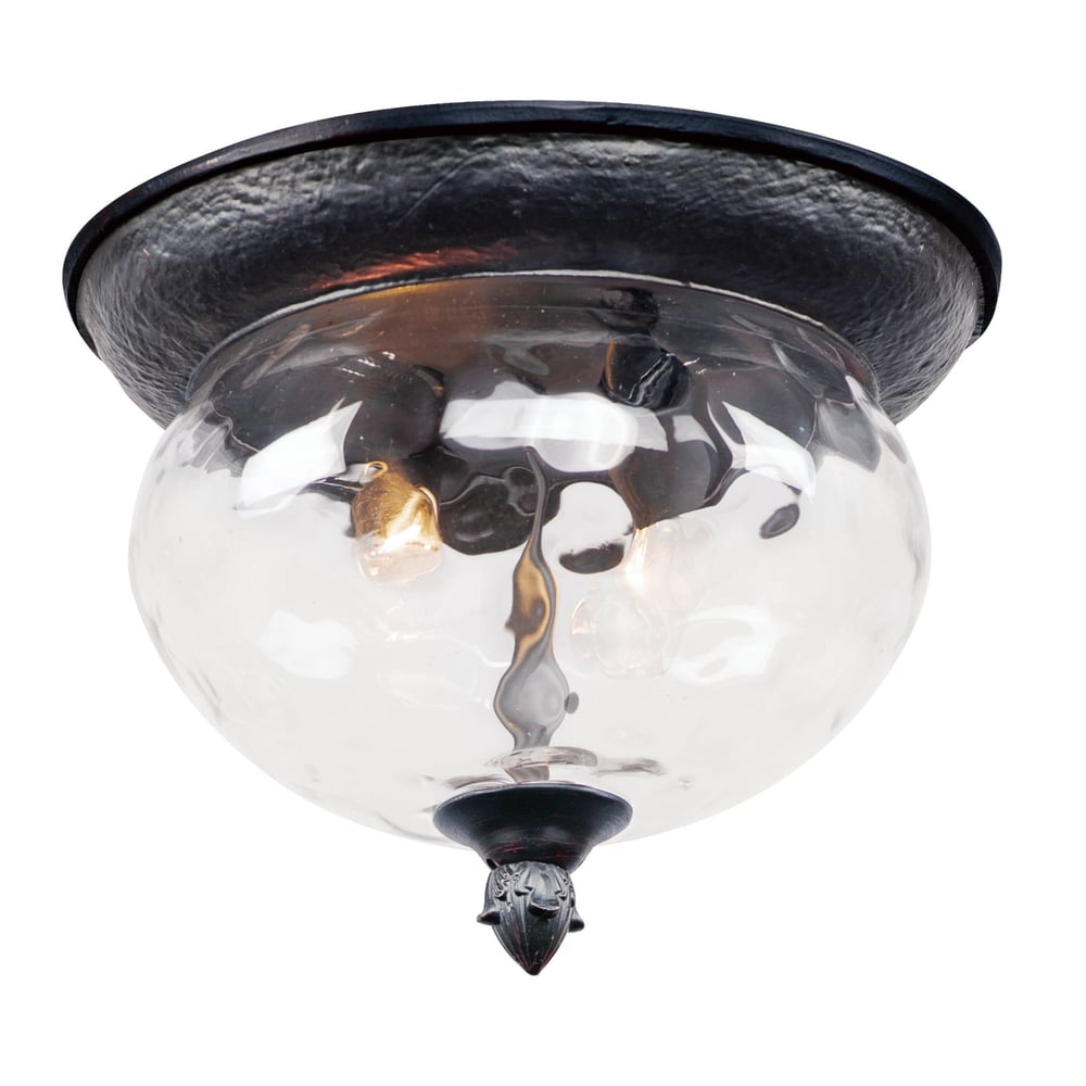 Maxim Lighting Carriage House DC 2-Light Outdoor Ceiling Mount with intricate detailing and a classic finish, illuminating a porch or patio.