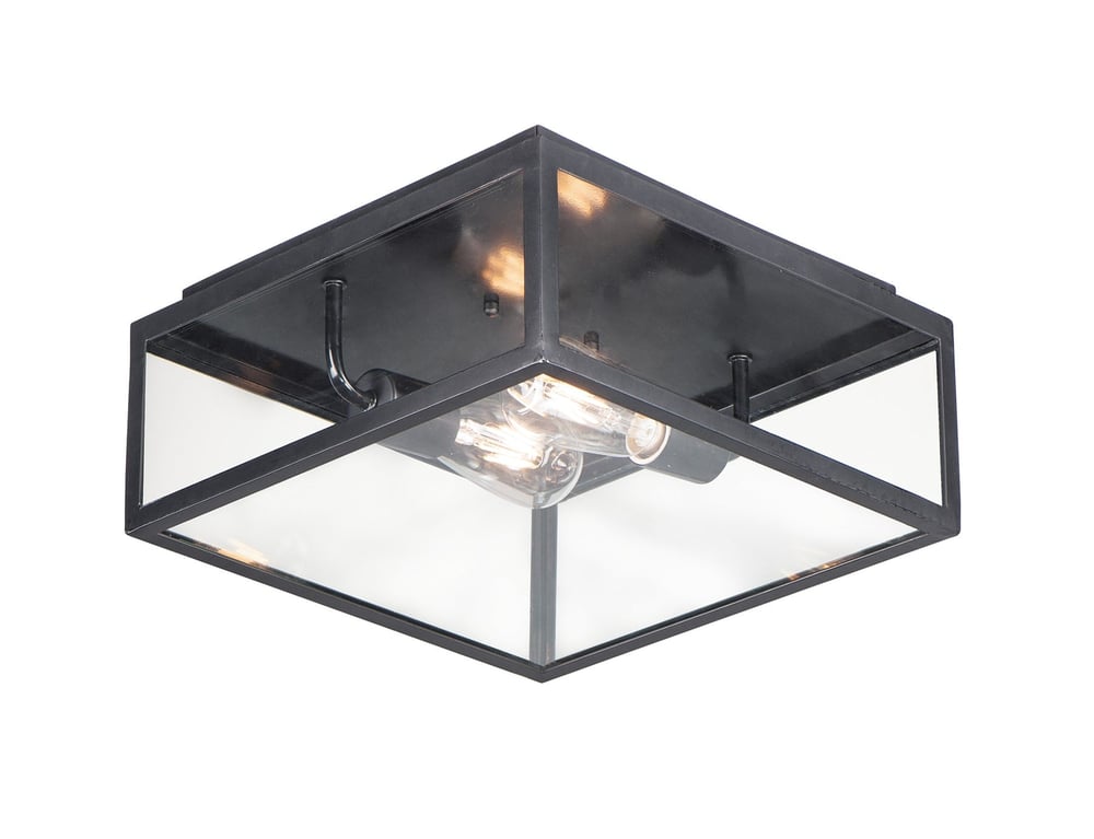 Maxim Lighting Catalina 2-Light Outdoor Ceiling Mount with a sleek black finish and clear glass panels, illuminating a porch or patio.