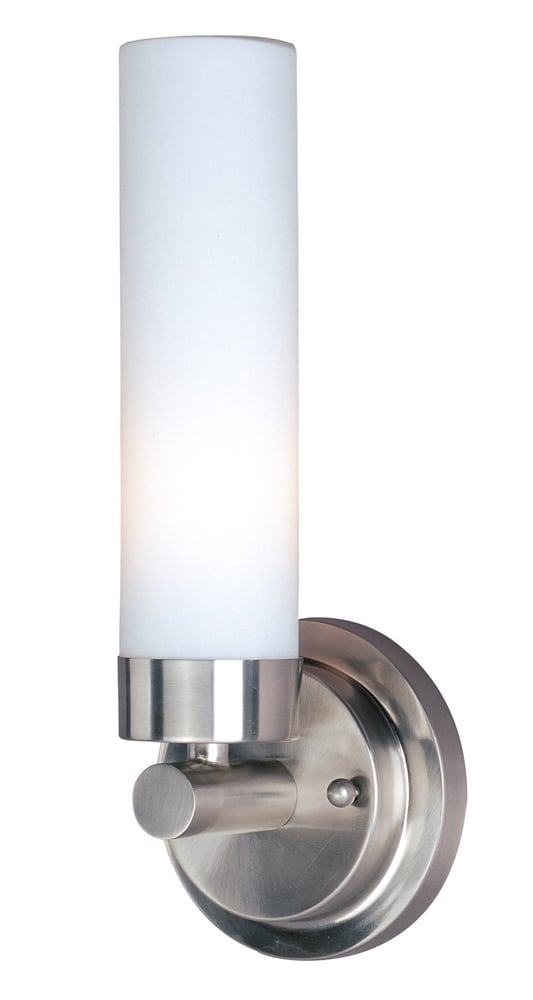 Maxim Lighting Cilandro 1-Light Wall Sconce with a sleek, modern design, featuring a brushed nickel finish and a cylindrical glass shade.