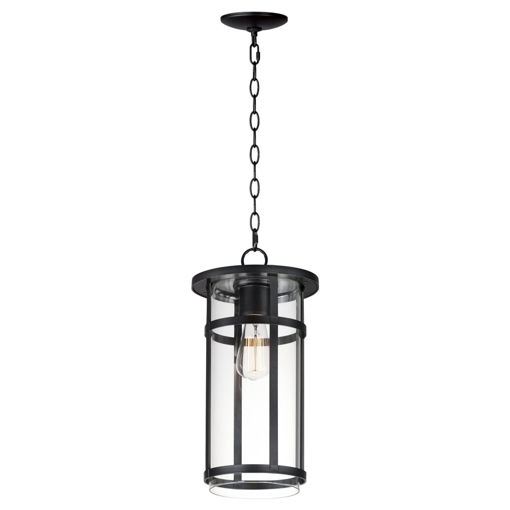 Maxim Lighting Clyde VX 1-Light Outdoor Pendant in black finish, featuring a clear glass shade with a classic lantern design, hanging from a chain.