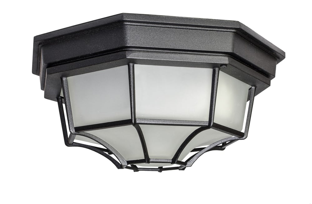 Maxim Lighting Crown Hill LED 1-Light Outdoor Ceiling Mount, black finish, clear glass panels, classic lantern style, illuminating a porch area.