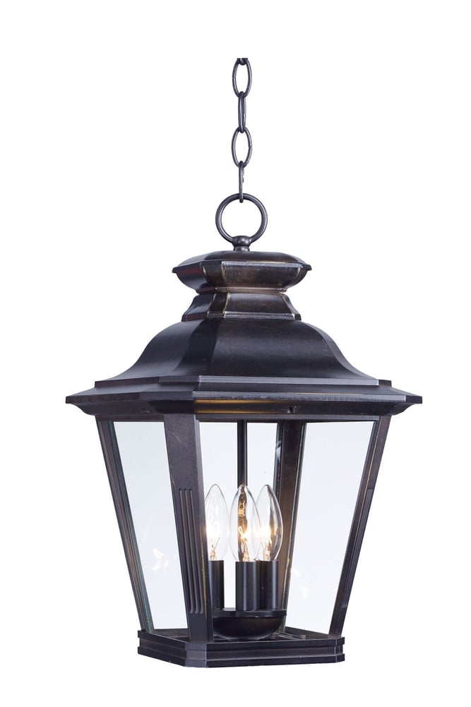 Maxim Lighting Knoxville Outdoor Pendant with a sleek black finish, featuring a clear glass shade, hanging elegantly from a chain for outdoor illumination.
