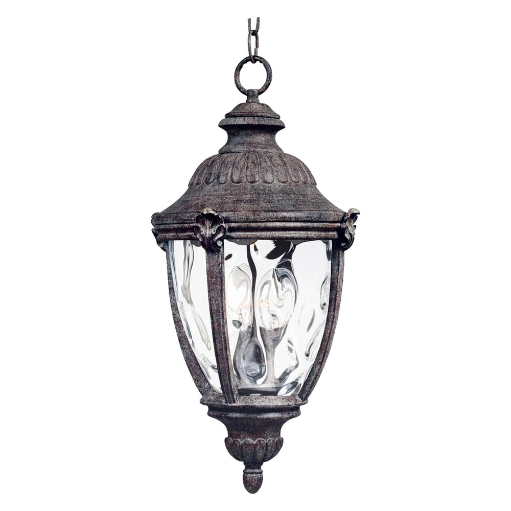 Maxim Lighting Morrow Bay DC Outdoor Pendant with a classic design, featuring a weathered finish and clear glass panels, hanging from a chain.