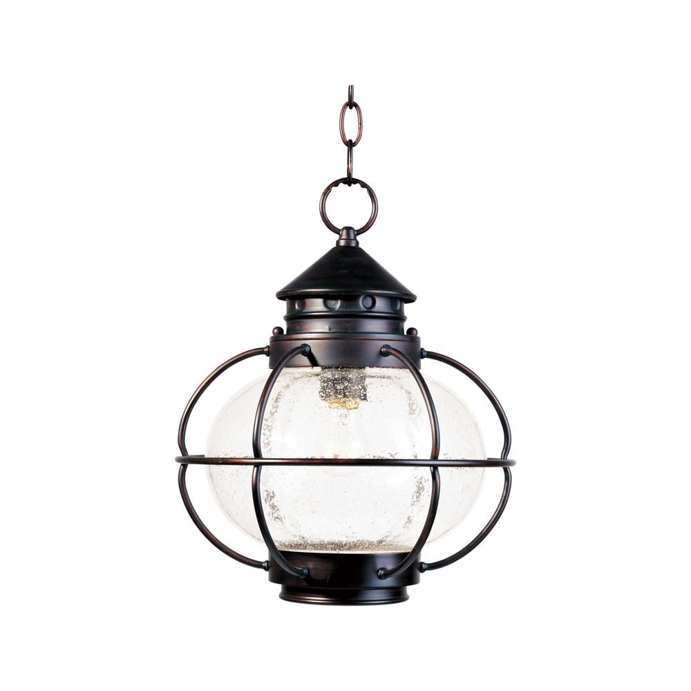 Maxim Lighting Portsmouth Outdoor Pendant with a classic design, featuring a weathered finish and clear glass, hanging from a chain on a porch.