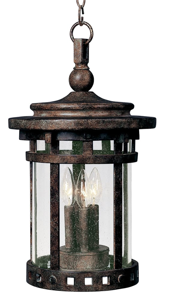 Maxim Lighting Santa Barbara DC Outdoor Pendant, featuring a classic design with a bronze finish and clear glass panels, hanging from a chain.