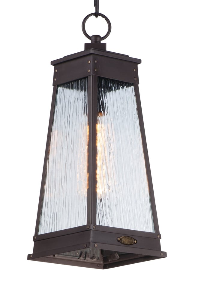 Maxim Lighting Schooner Outdoor Pendant with a black finish, featuring a clear glass shade and a nautical design, hangs elegantly for outdoor illumination.