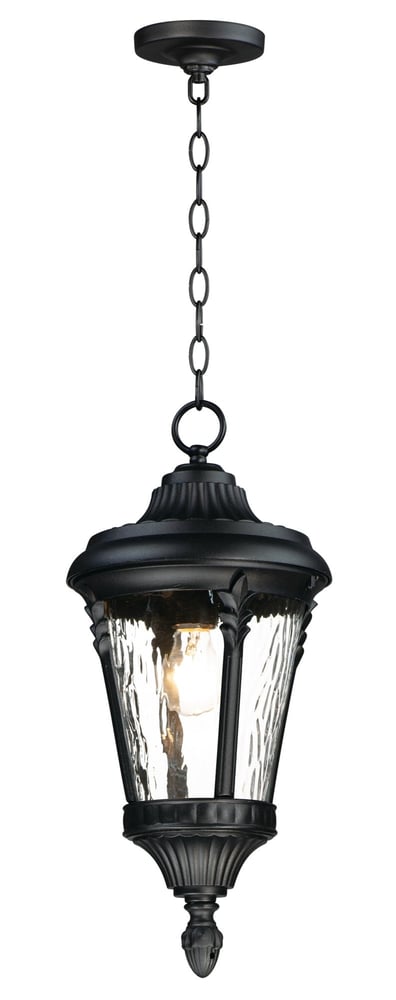 Maxim Lighting Sentry Outdoor Pendant with a sleek black finish, featuring a clear glass shade and modern design, hanging elegantly in an outdoor setting.