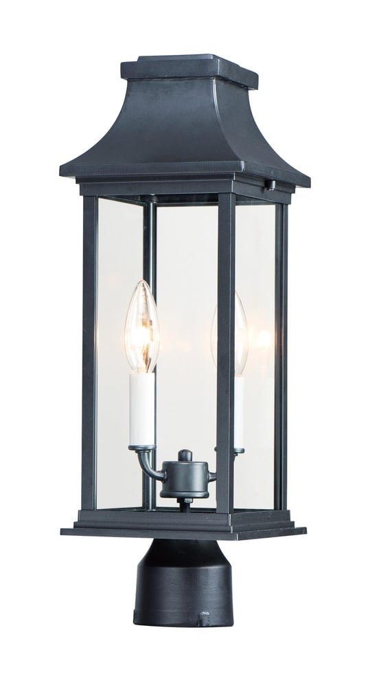 Maxim Lighting Vicksburg 2-Light Outdoor Post Mount with a black finish, featuring two lantern-style lights on a decorative post.