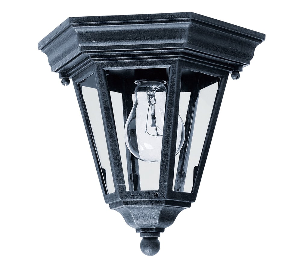 Maxim Lighting Westlake Cast 1-Light Outdoor Ceiling Mount with a black finish, featuring a classic lantern design and clear glass panels.