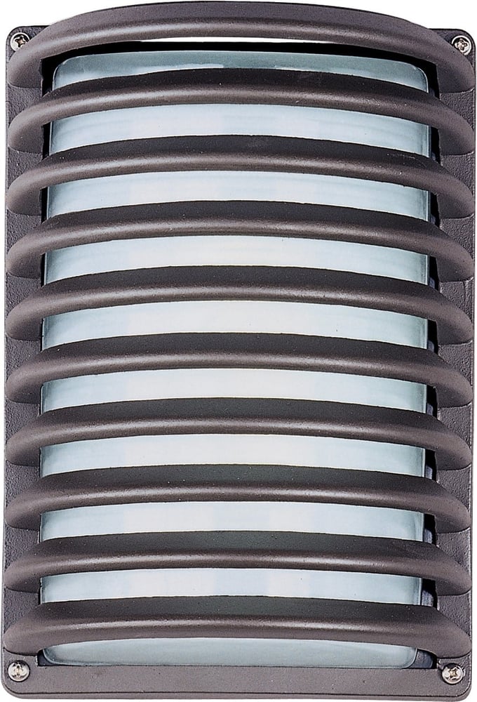 Maxim Lighting Zenith Outdoor Grate Wall Light with a sleek finish, featuring a modern design and geometric pattern, mounted on a textured exterior wall.