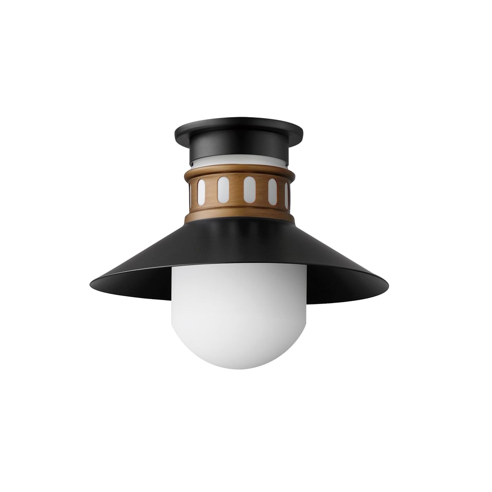 Maxim Lighting Admiralty Outdoor Flush Mount in Black with Antique Brass, featuring durable aluminum and glass materials.