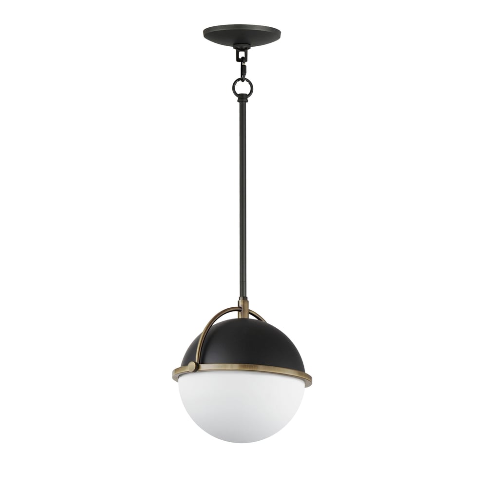 Maxim Lighting Duke Pendant featuring a Black with Weathered Brass finish, crafted from Steel and Glass, elegantly hanging in a modern interior setting.