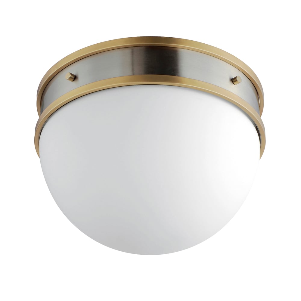 Maxim Lighting Duke Flush Mount in Satin Nickel with Satin Brass finish, featuring a sleek steel frame and a frosted glass shade.