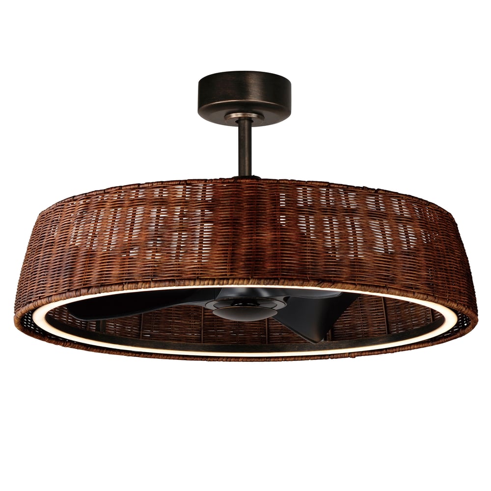 Maxim Lighting Tulum Wifi-Enabled LED Fandelight in Dark Bronze finish, featuring a blend of Steel, Aluminum, Rattan, and ABS materials.