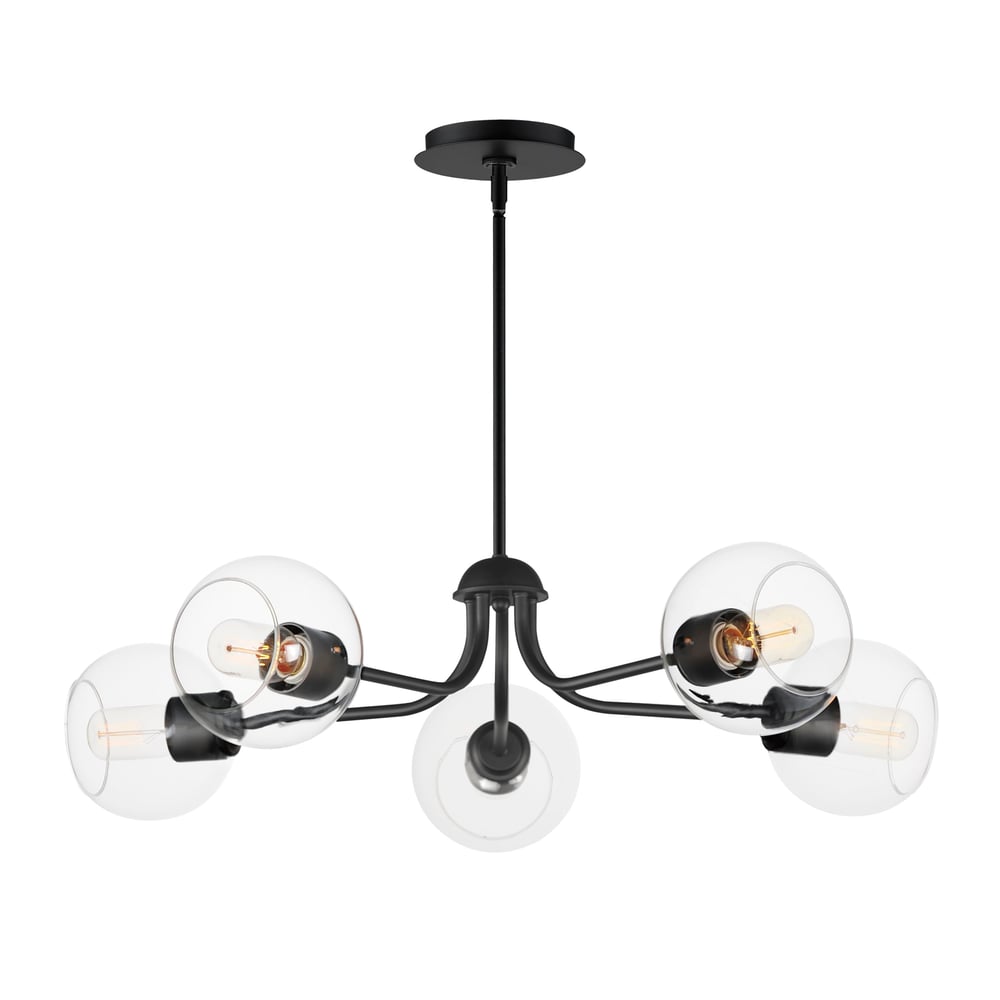 Maxim Lighting Knox Globe Chandelier in Black finish, featuring a Steel frame with Glass globes, elegantly hanging in a modern interior setting.