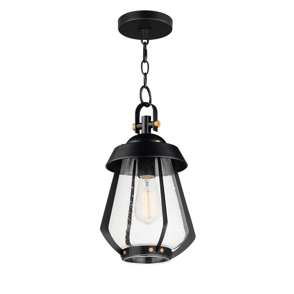 Maxim Lighting Mariner Outdoor Pendant in Black with Antique Brass finish, aluminum construction, hanging from a porch ceiling, illuminating the area.