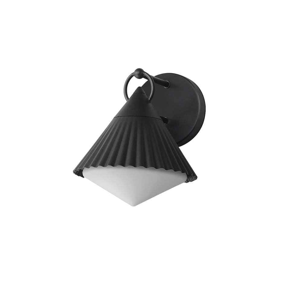 Maxim Lighting Odette Outdoor Wall Sconce in Black finish, featuring a sleek steel frame with a modern design, illuminating an outdoor space.