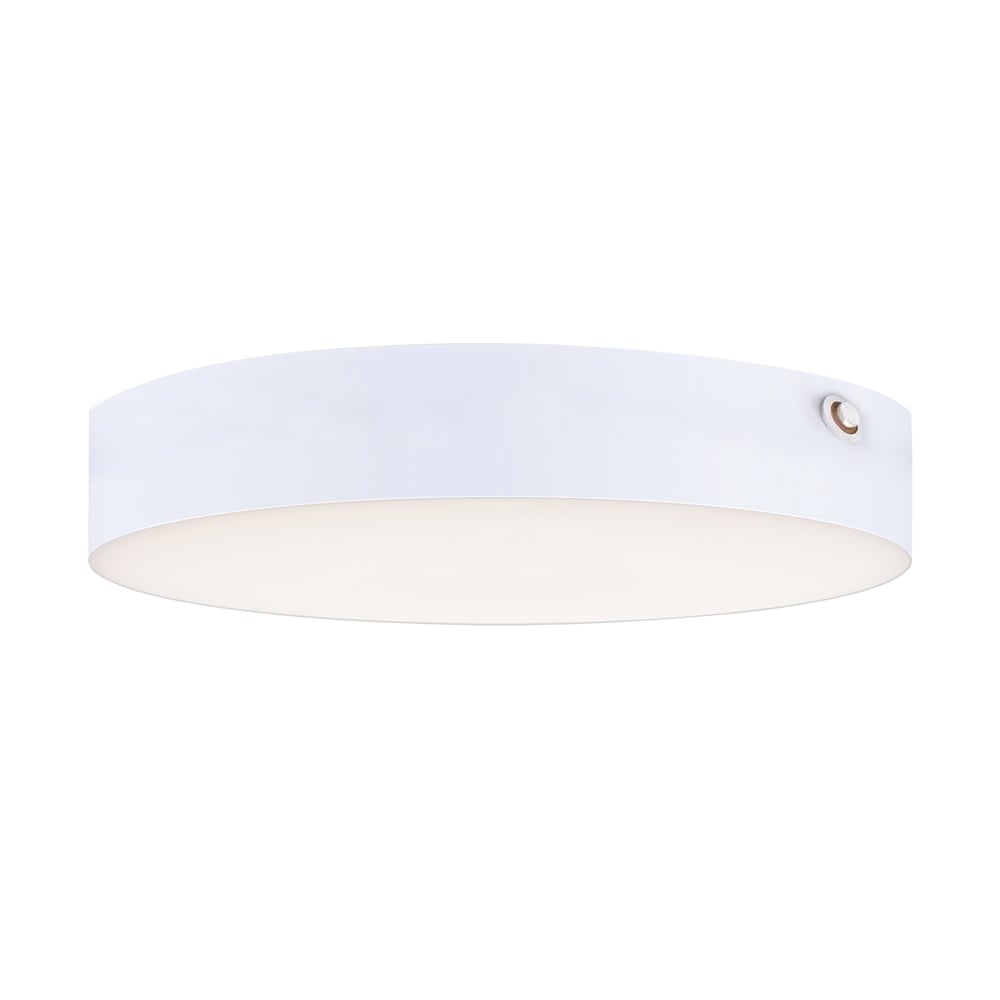 Maxim Lighting Trim Flush Mount Ceiling Light with EM Backup, featuring a white polycarbonate and steel design, mounted on a ceiling.