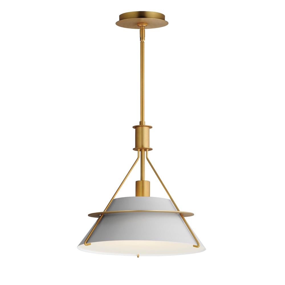Maxim Lighting Lucas Pendant in Natural Aged Brass finish, featuring a sleek steel frame with a modern, minimalist design, hanging from a ceiling.