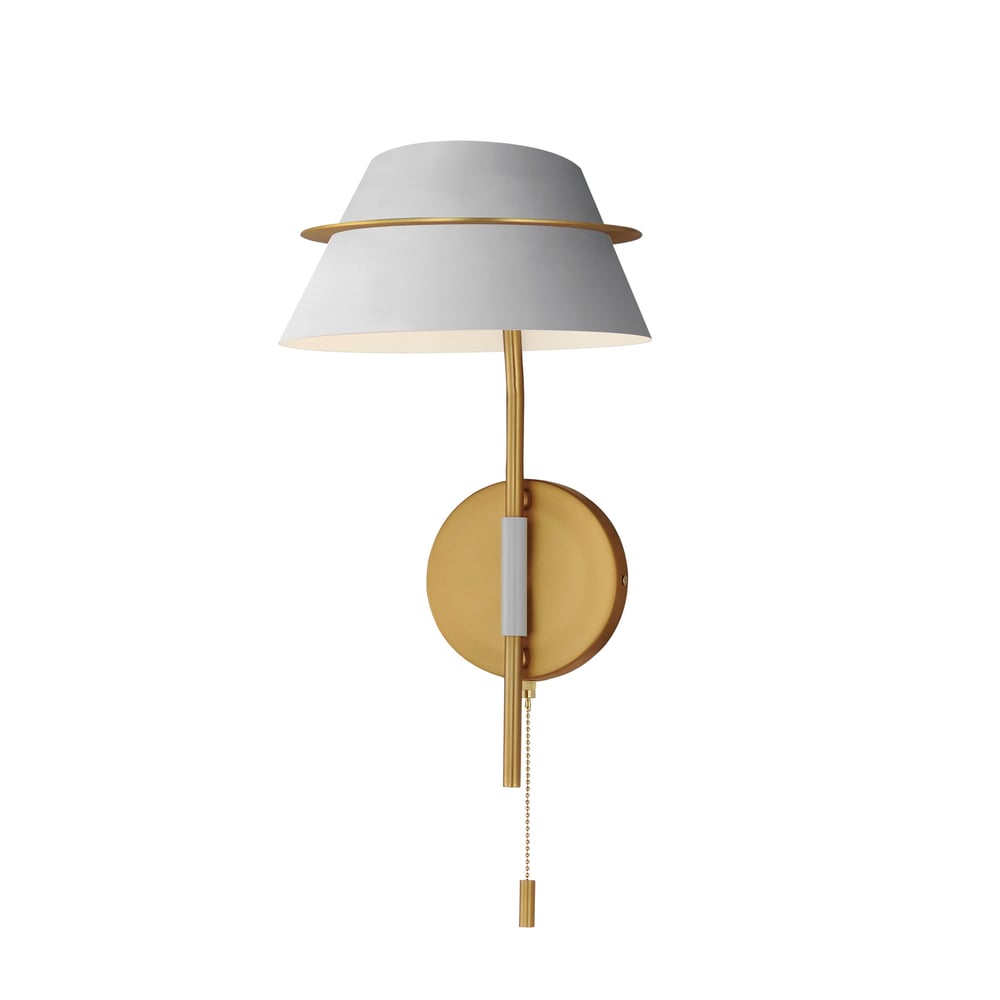 Maxim Lighting Lucas Wall Sconce in Natural Aged Brass finish, featuring a sleek, modern design with a steel frame and a clear glass shade.